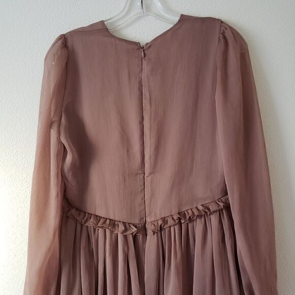 H&M Beige V-neck Chiffon Babydoll style Hi-Low Balloon sleeve dress,sz XXS - Picture 5 of 10